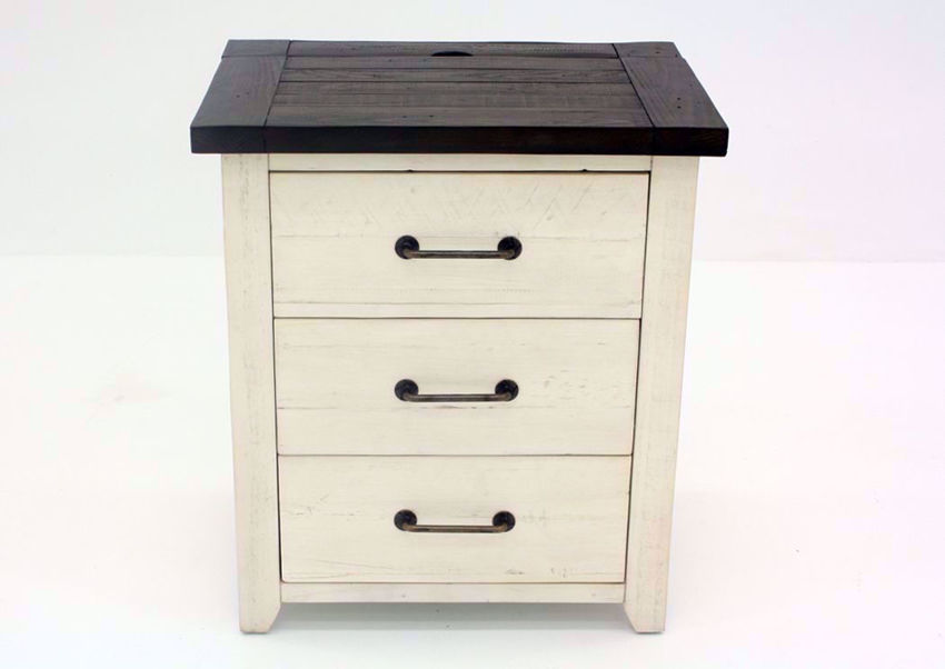 white nightstand with brown top