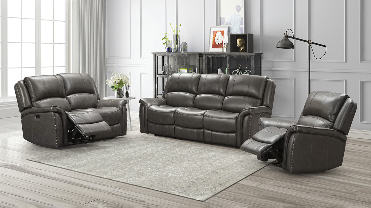 Gaspar POWER Reclining Leather Sofa Set Gray Home Furniture Plus