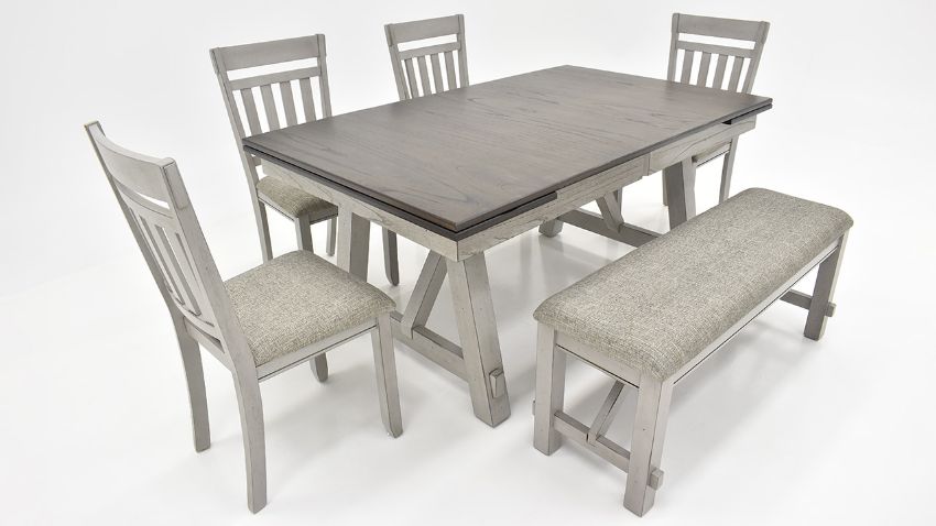 Newport 6 Piece Dining Table Set With Bench - Gray | Home Furniture ...